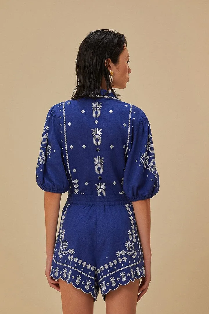 Elastic Comfort Wrinkle Resistant Finish Navy Blue Embroidered Shorts