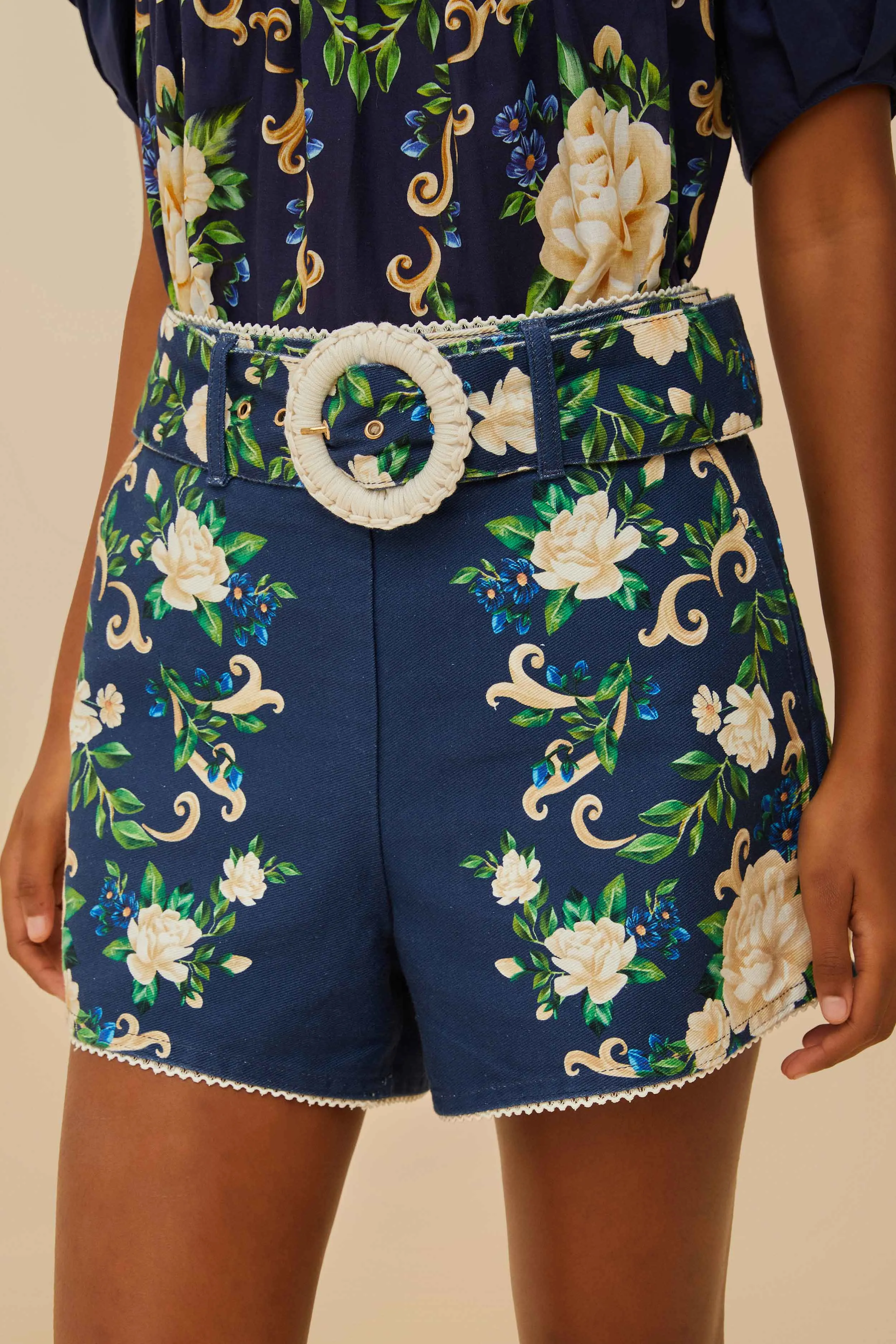 Navy Blue Flower Tapestry Shorts Preppy look Warm Layers