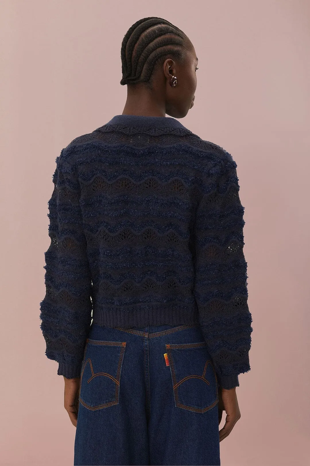 Essential Comfort Navy Blue Mixed Stitches Cardigan