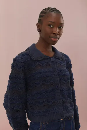 Zero Waste Knitting Technique Eco Friendly Dye Navy Blue Mixed Stitches Cardigan