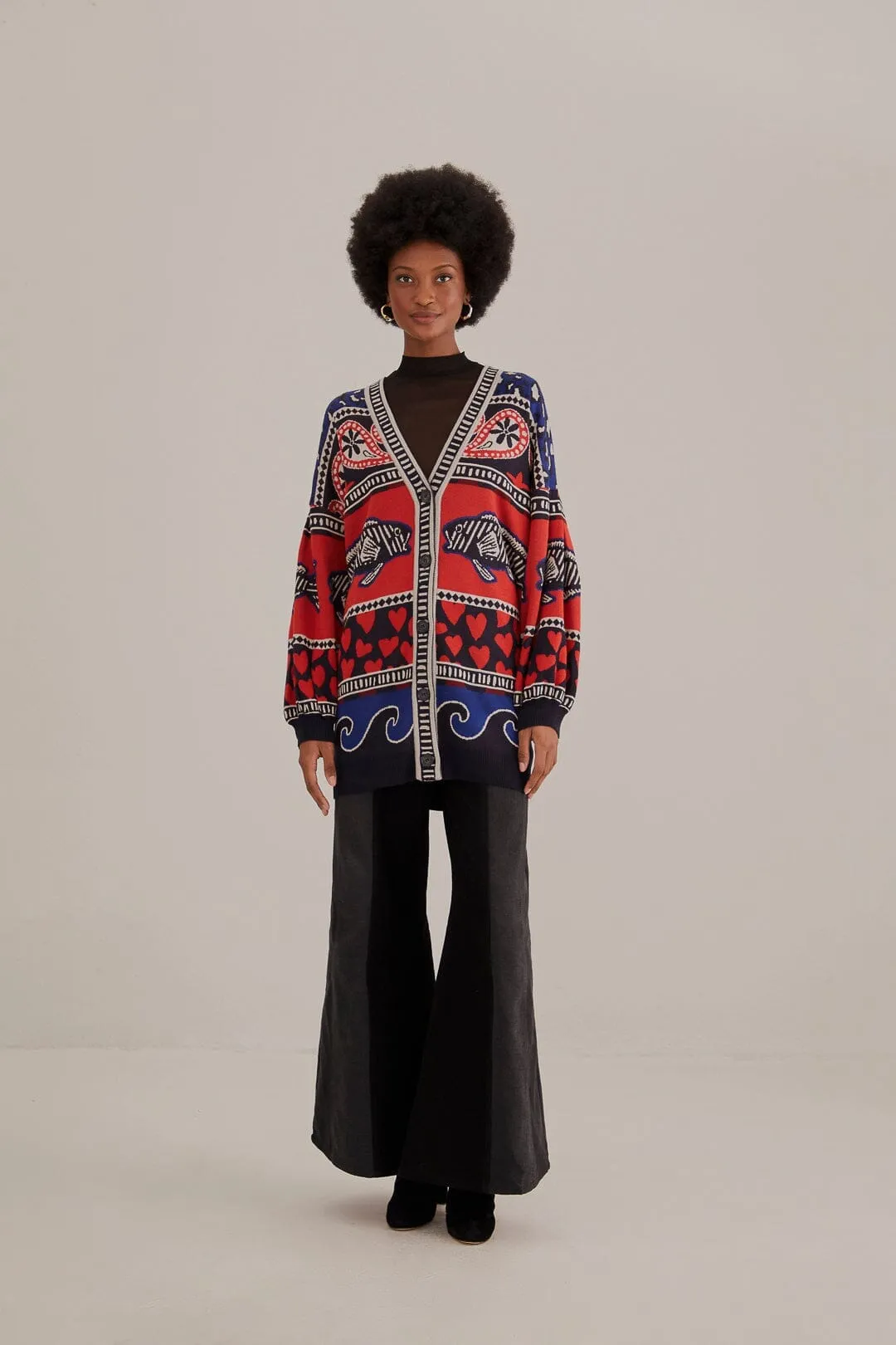 Navy Mixed Prints Knit Cardigan Warm Vibe OdorResistant Fiber