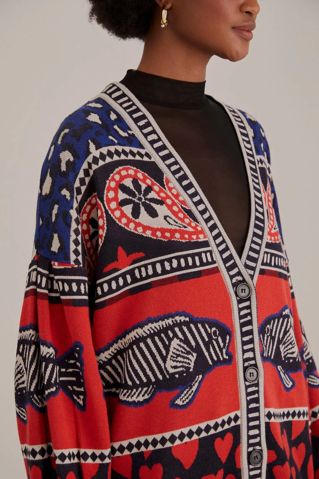 Double Layered Cuffs Navy Mixed Prints Knit Cardigan