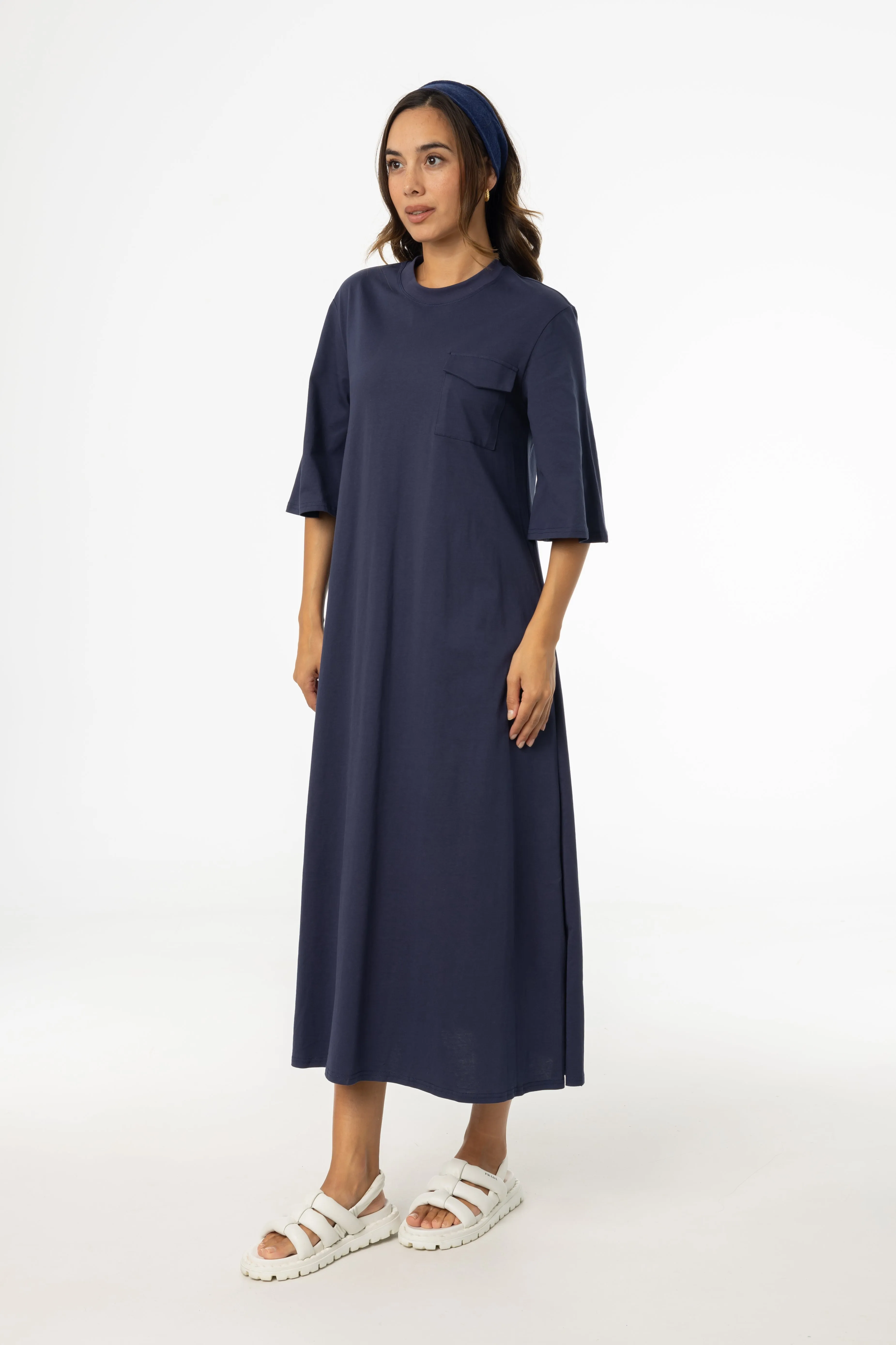 Navy Pocket Tee Shirt Maxi Dress Cozy Texture