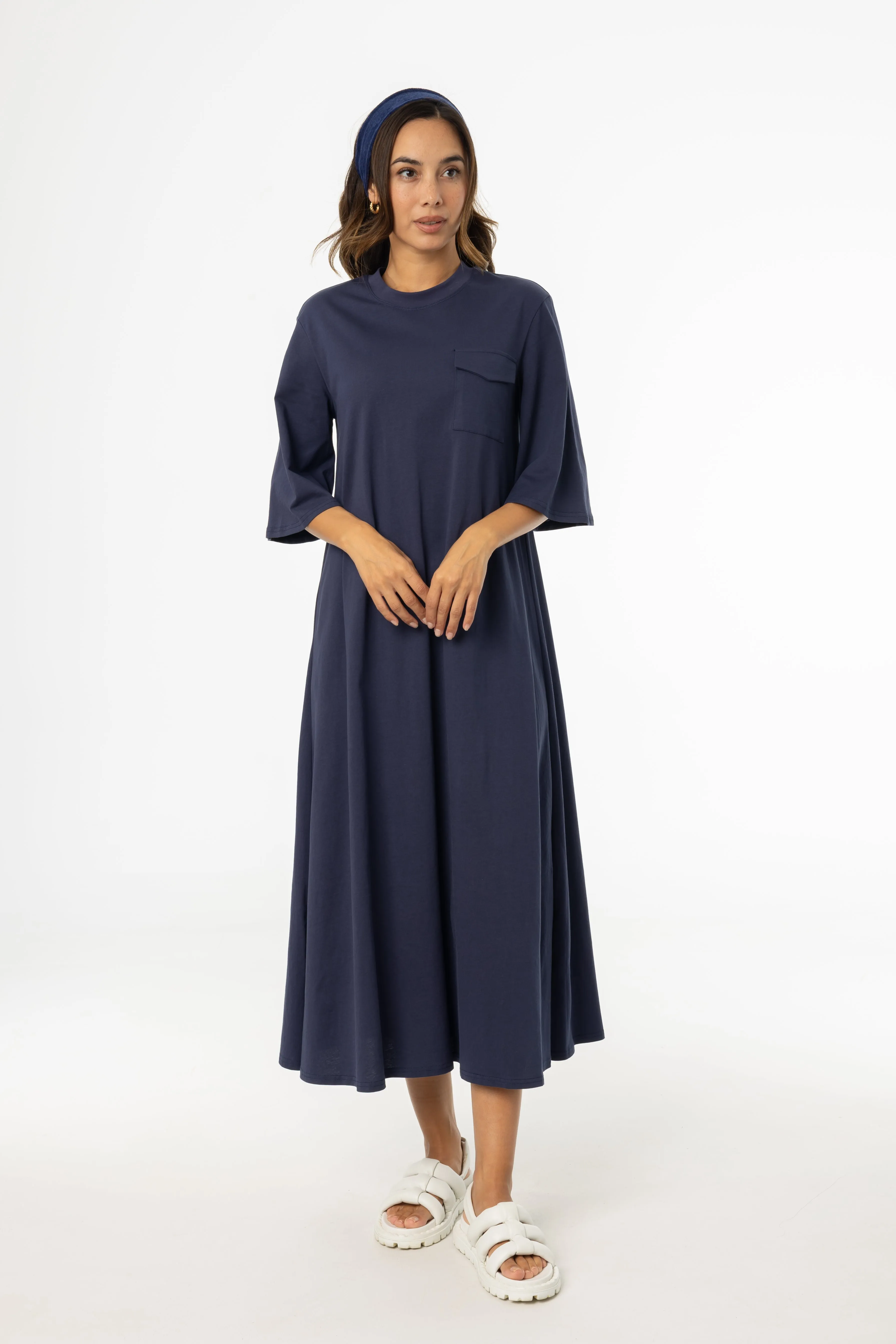 Comfortable and Flattering Understated Glam Navy Pocket Tee Shirt Maxi Dress