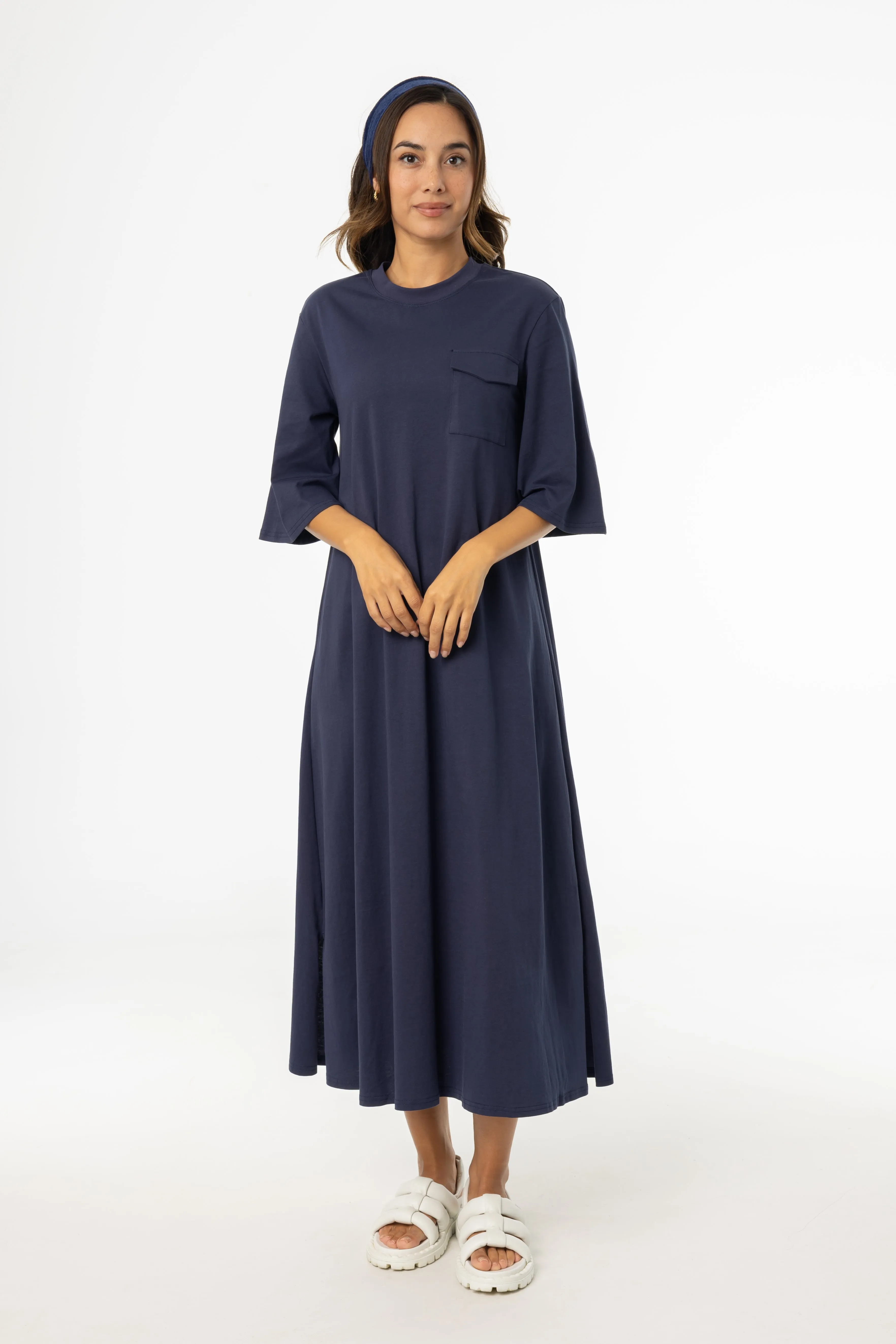 Navy Pocket Tee Shirt Maxi Dress Embroidered-Sleeve Timeless Fashion