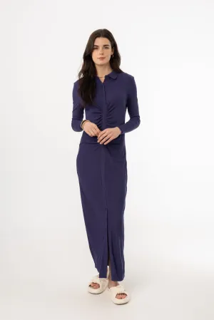 Navy Ruched Cardi Maxi Dress Smart Edge Sweetheart Cut