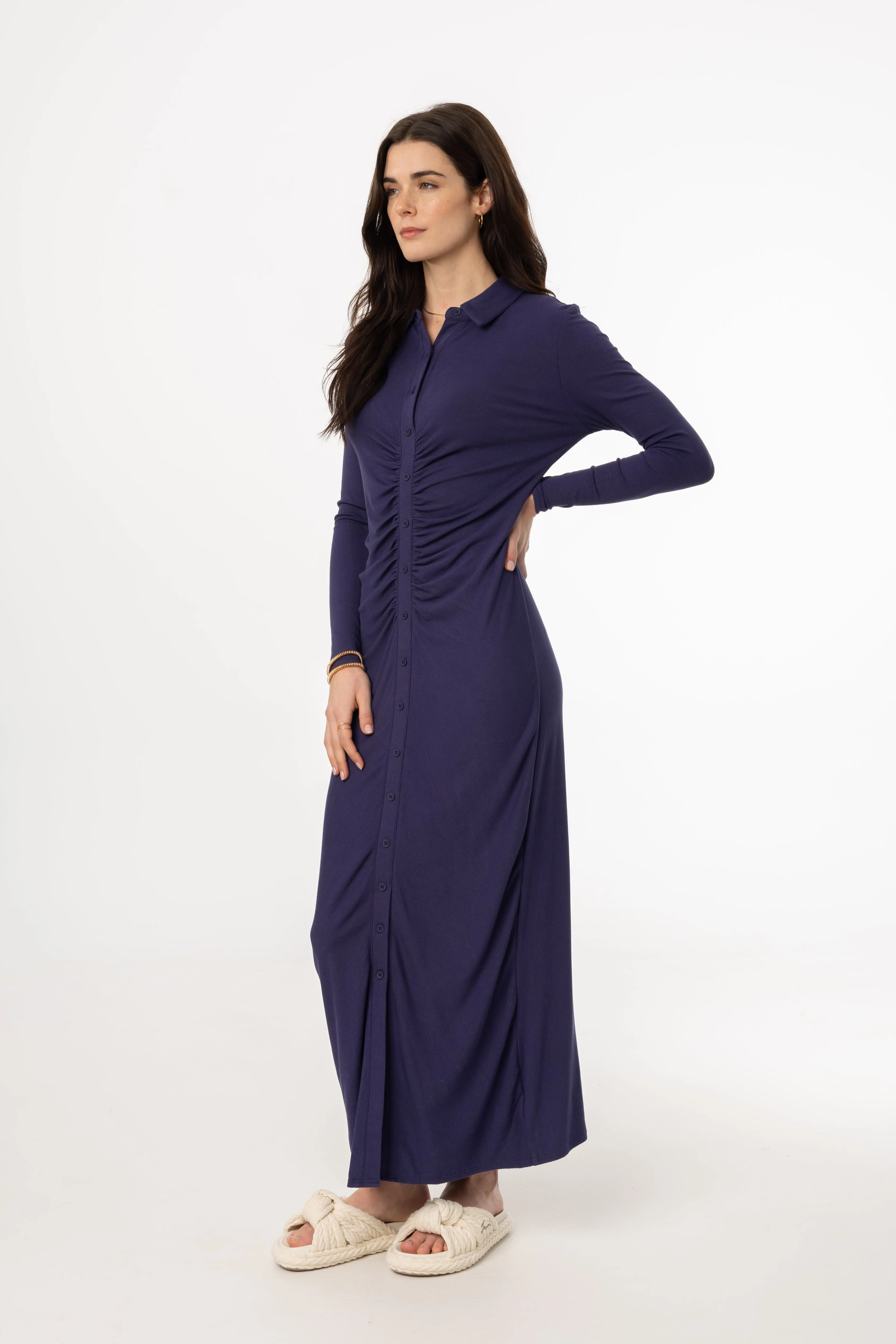 Navy Ruched Cardi Maxi Dress Romantic-Detail Underwire-Support