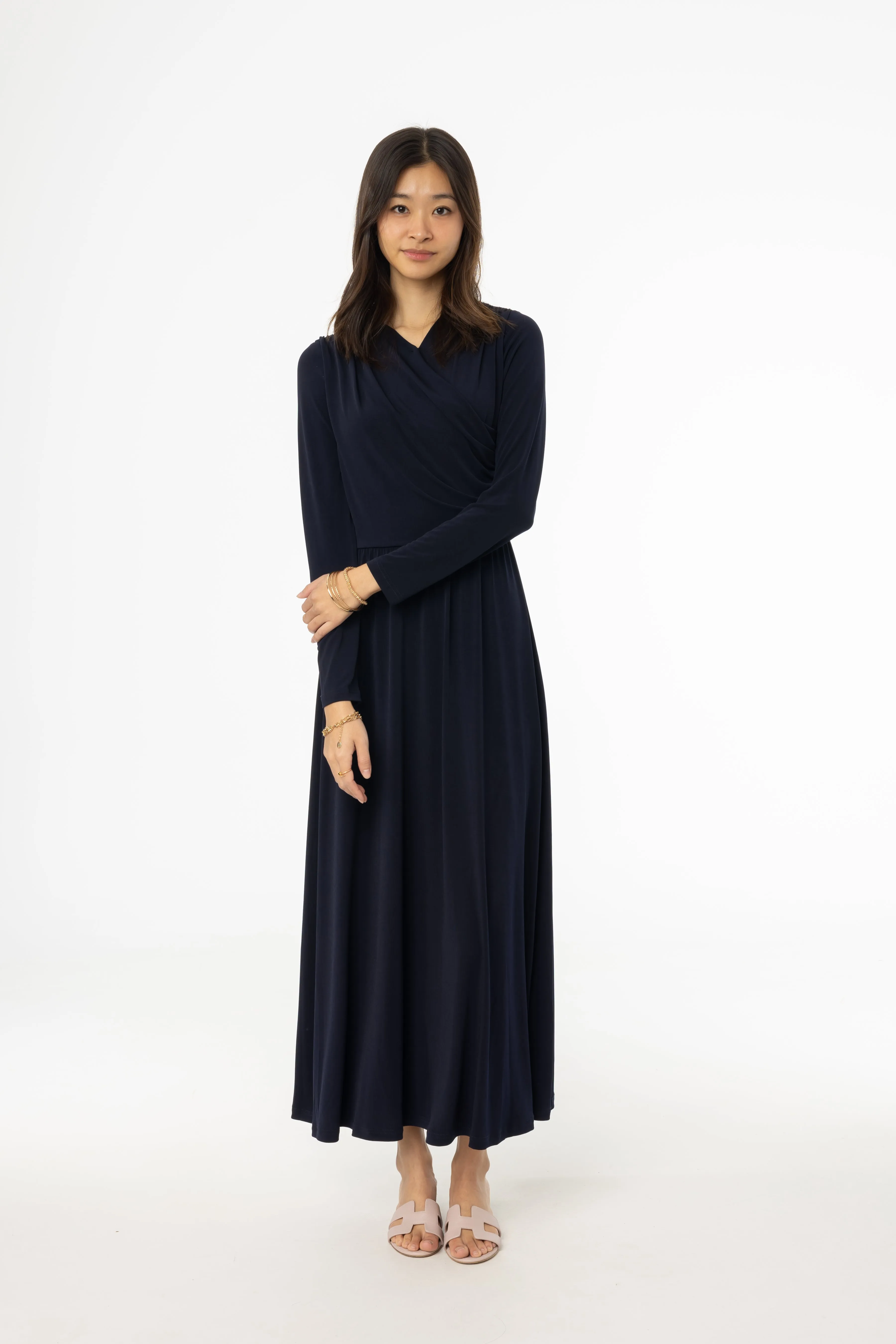 Navy Slinky Faux Wrap Maxi Dress Non-Iron Versatile Layer Wear