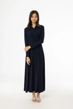 Navy Slinky Faux Wrap Maxi Dress Non-Iron Versatile Layer Wear