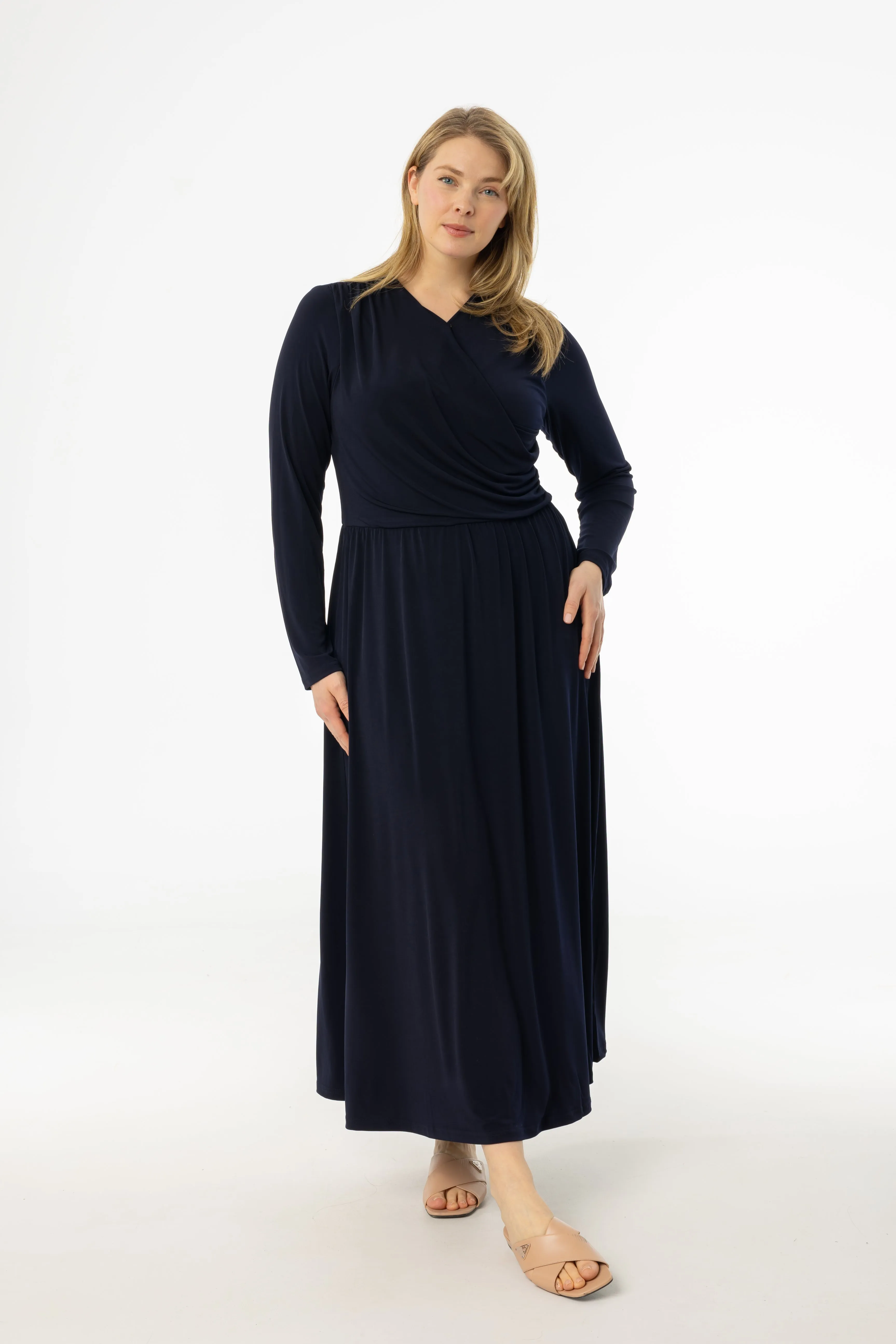 Navy Slinky Faux Wrap Maxi Dress Flawless Fit Decorative-Design