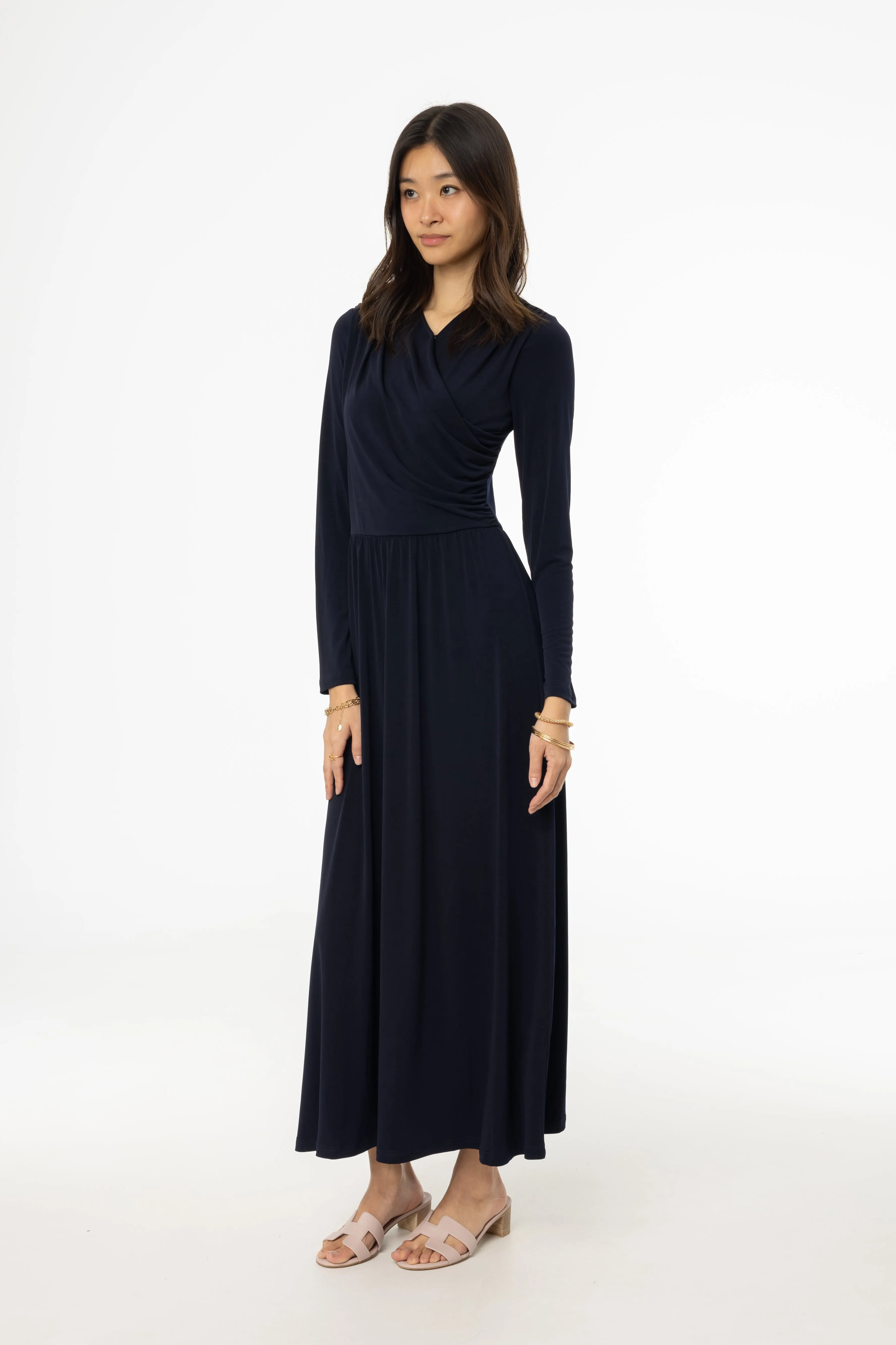 Subtle Charm Simple Mood Navy Slinky Faux Wrap Maxi Dress