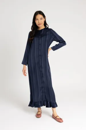 Navy Striped Button Down Maxi Flowy Layers Statement-Print