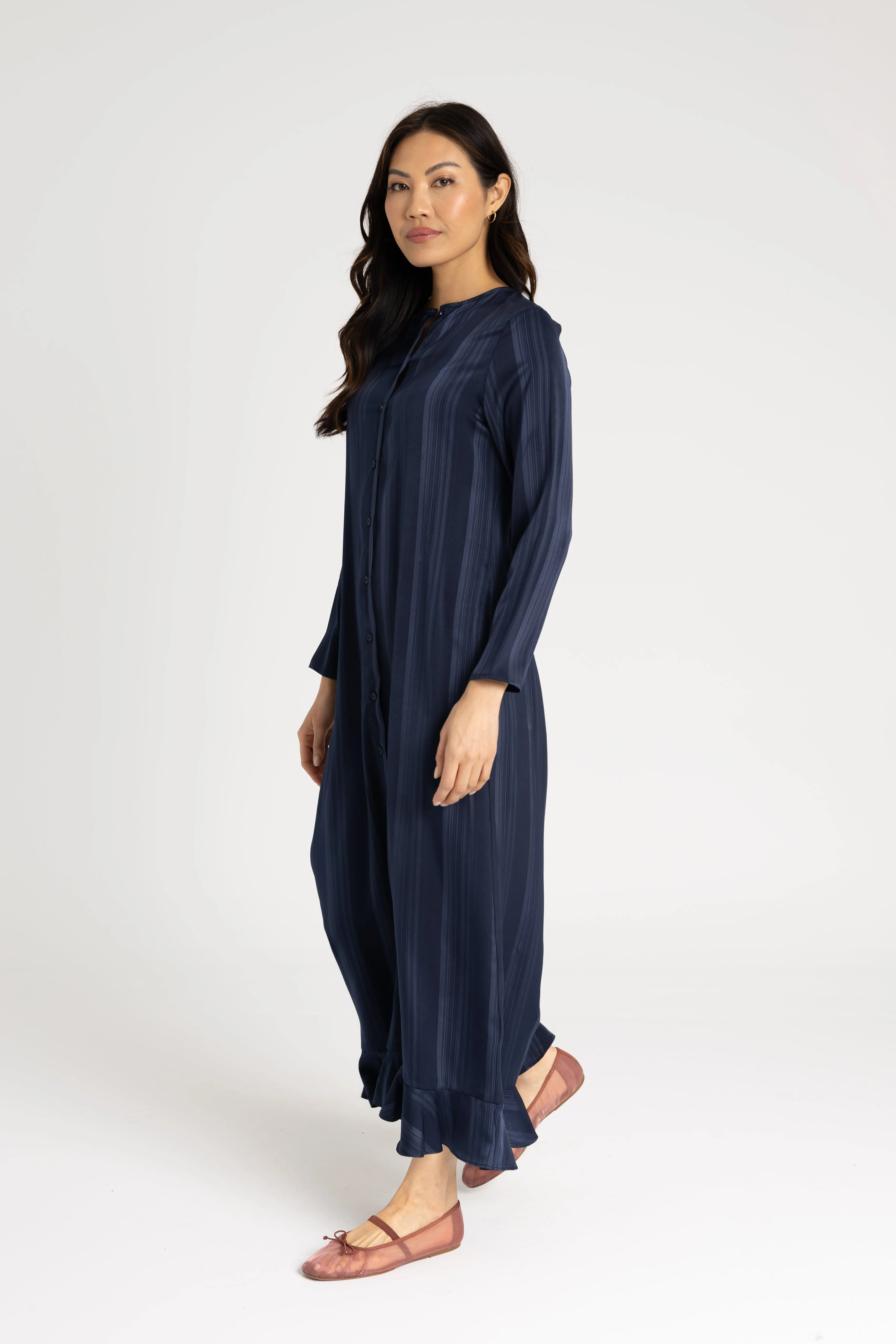 Bride Friend Smart and Sleek Navy Striped Button Down Maxi