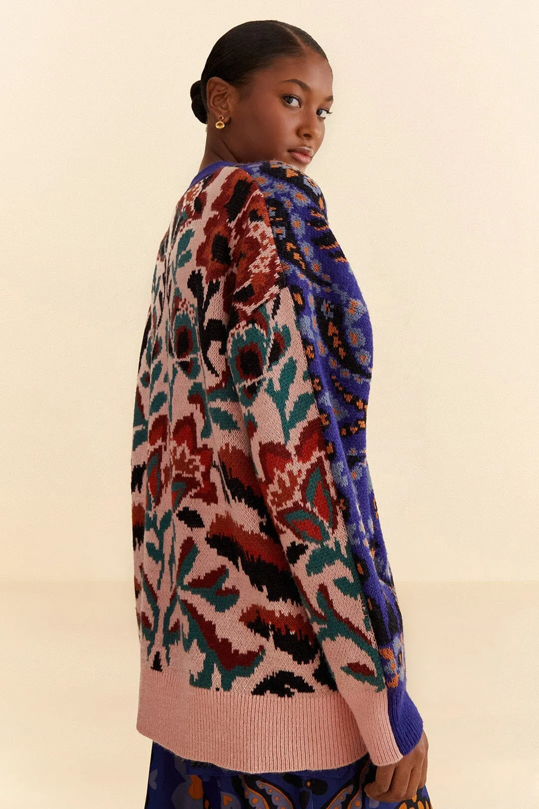 Luxe Layer Toucans Scarf Mixed Prints Knit Cardigan