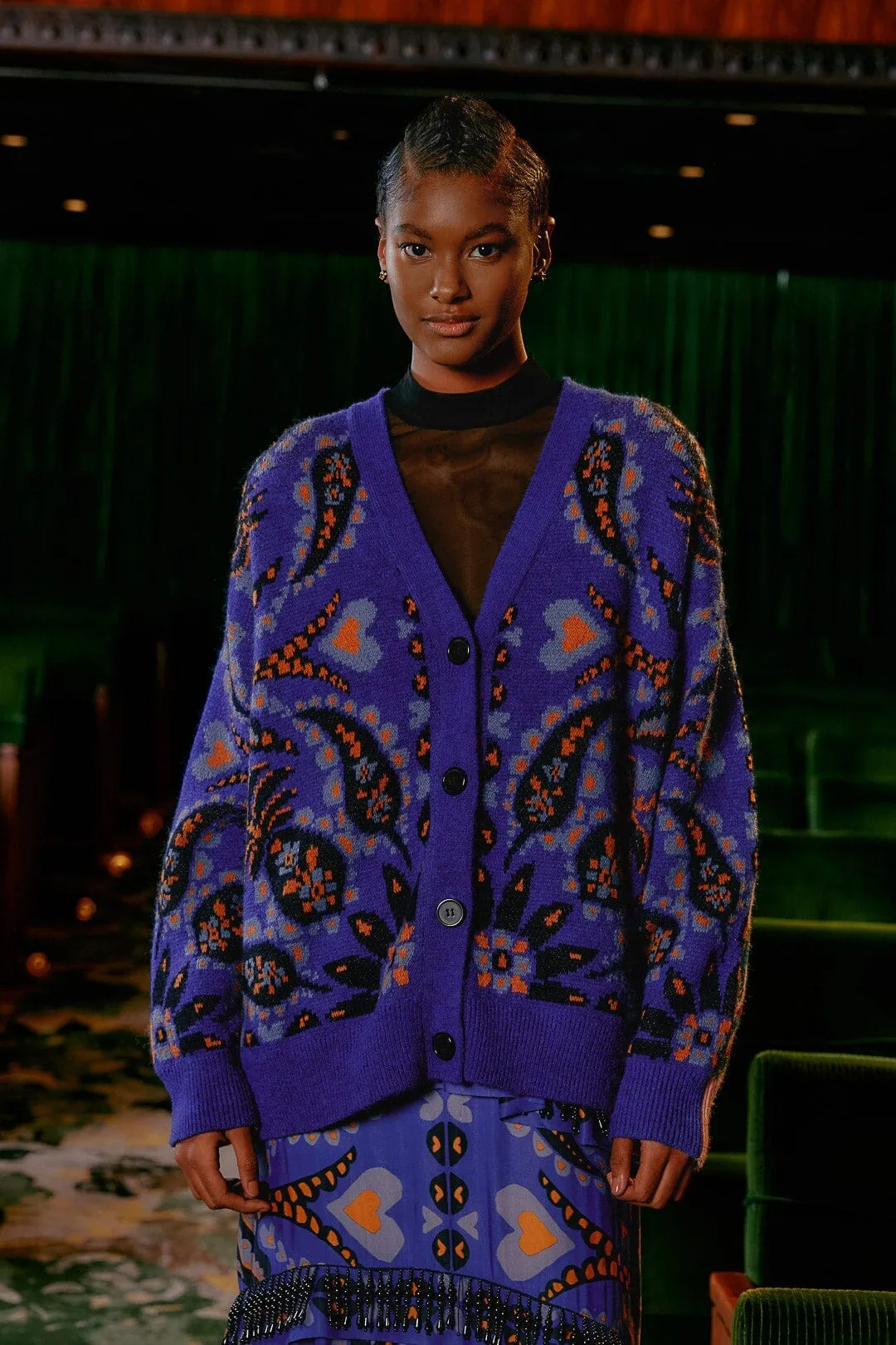 Toucans Scarf Mixed Prints Knit Cardigan Effortless Style Drop Shoulder