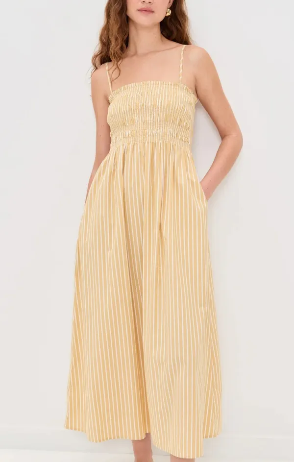 Bianca Smocked Bodice Dress in Beach Sand Stripe Formal Wear Quick Elegance