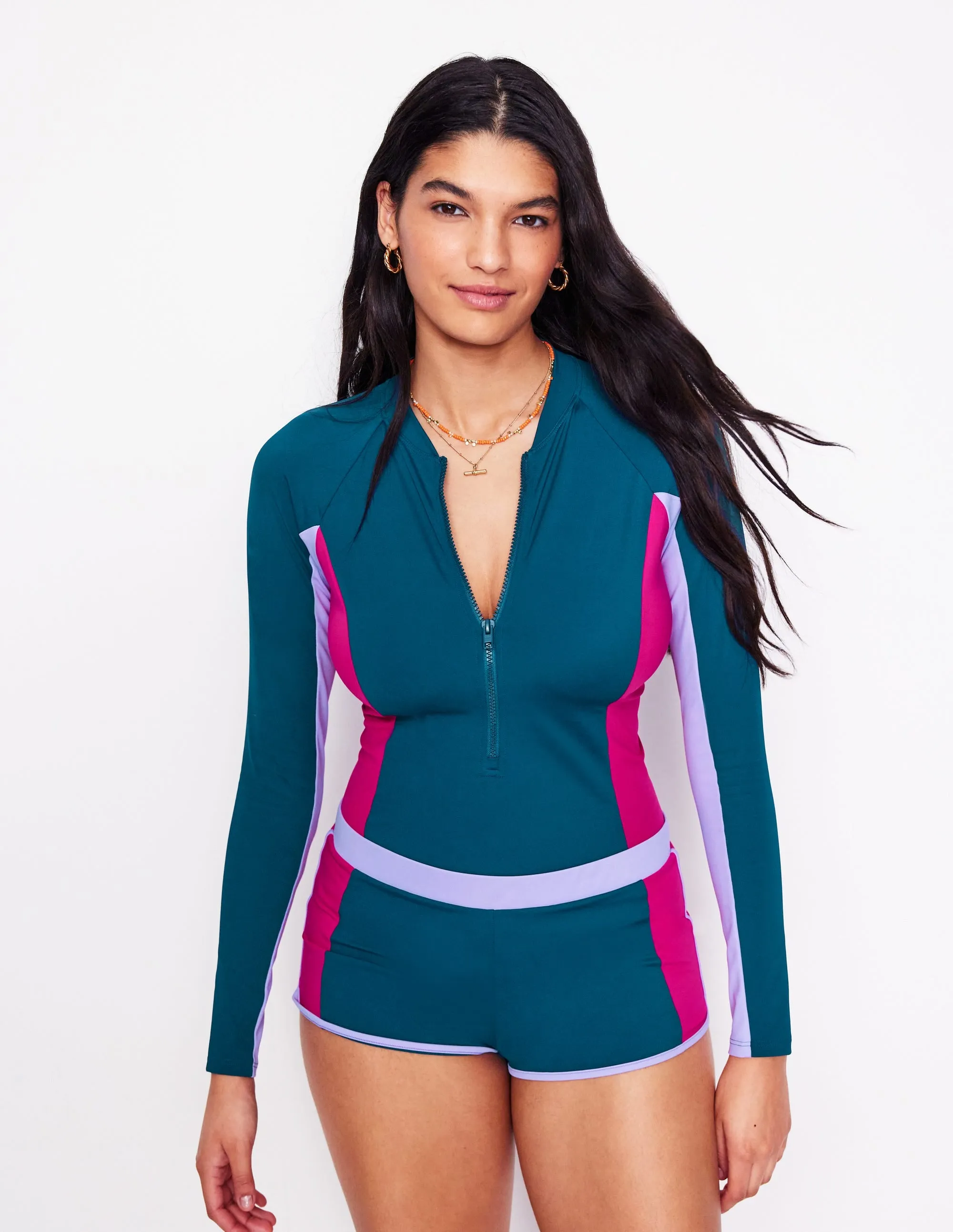 Swim Shorts-Oceanside Blue Abdominal Toning Panels Vacation Life