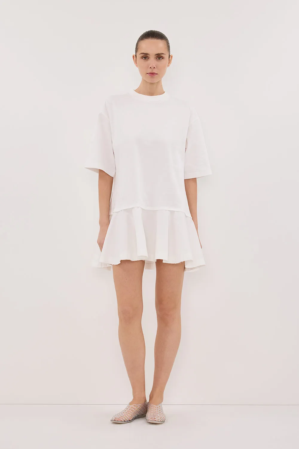 Trendy Layer NOAH WHITE SHORT SLEEVE RUFFLE MINI DRESS