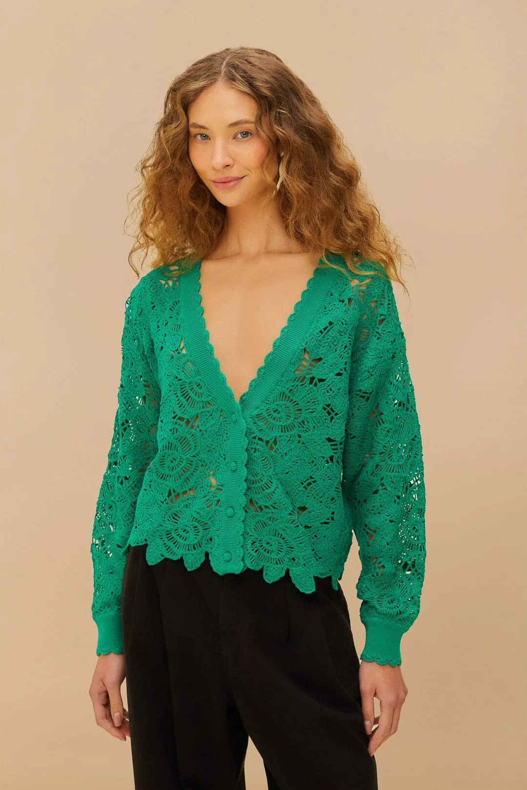 Office Friendly Layering Piece Green Flower Crochet Cardigan