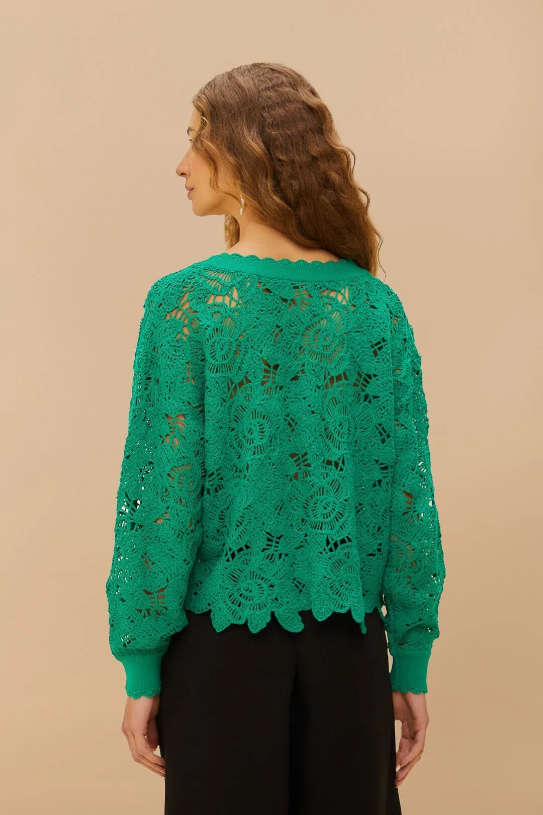 Green Flower Crochet Cardigan Non Restrictive Cuff Outdoor Warmth