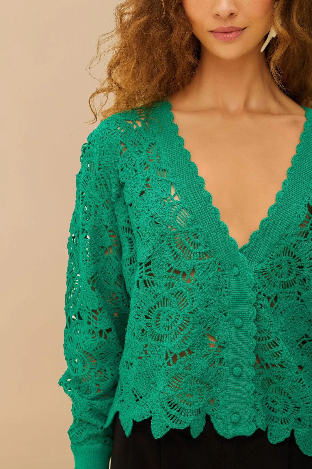 Comfort Stretch Green Flower Crochet Cardigan