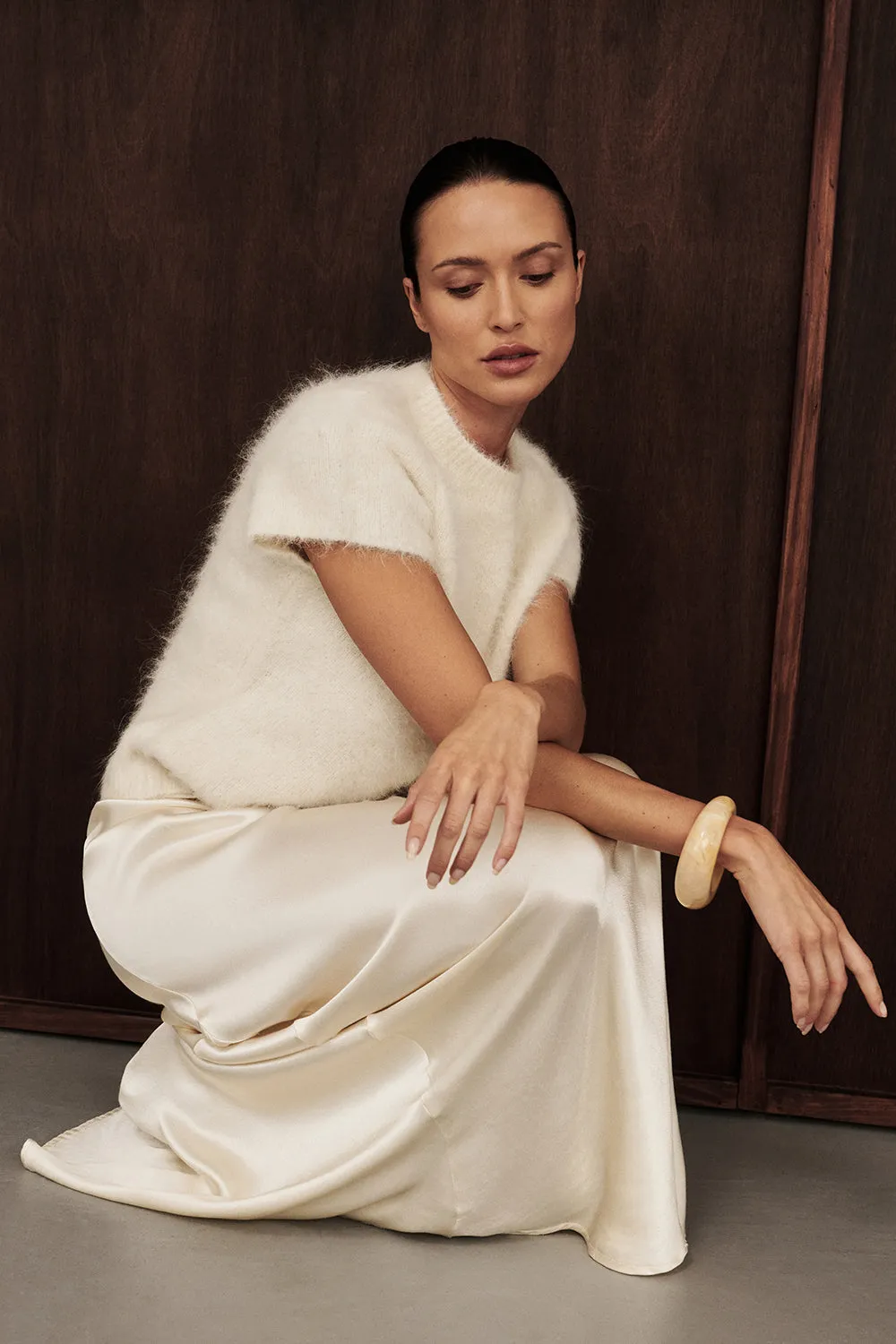 Textured Fabric SALMA IVORY CAP SLEEVE KNIT TOP