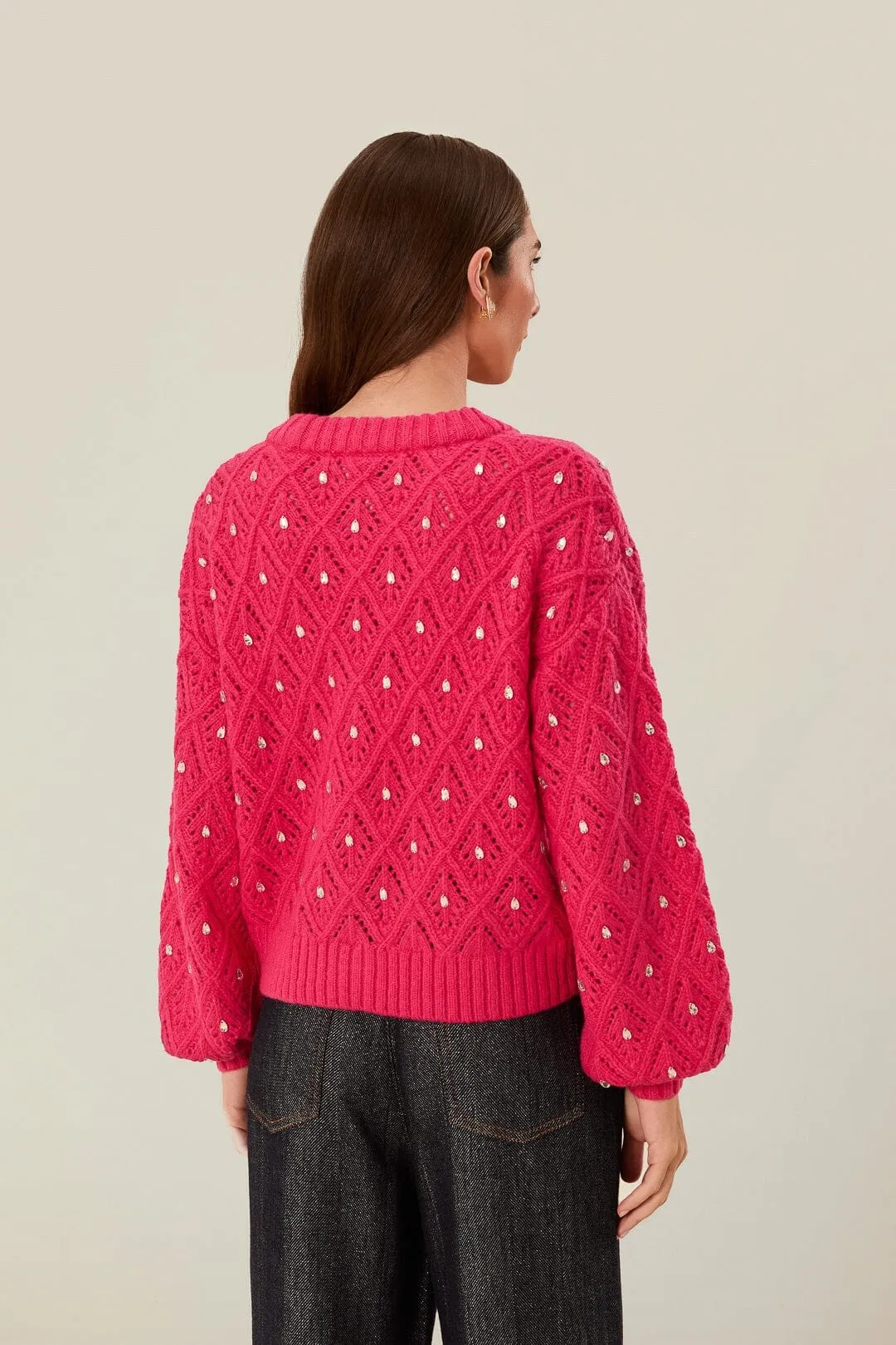 Pink Lace Knit Sweater Reinforced Edging