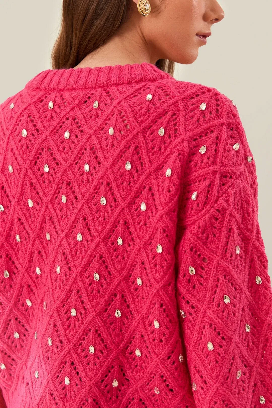 Pink Lace Knit Sweater Quick Dry Knitwear
