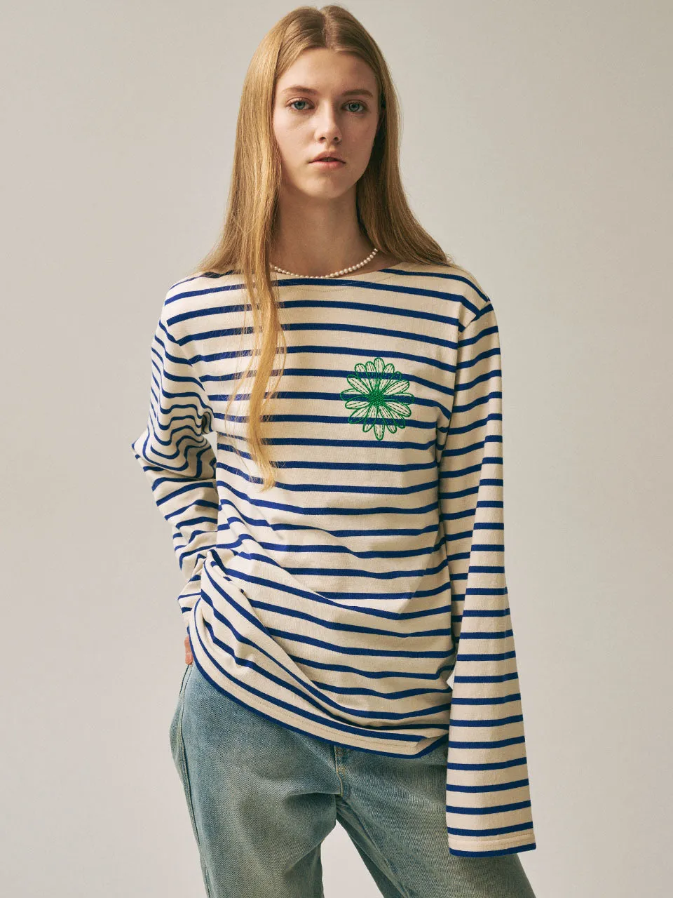 TSHIRT LONG SLEEVE STRIPE_BLUE GREEN Trendy Tops Relaxed Vibe