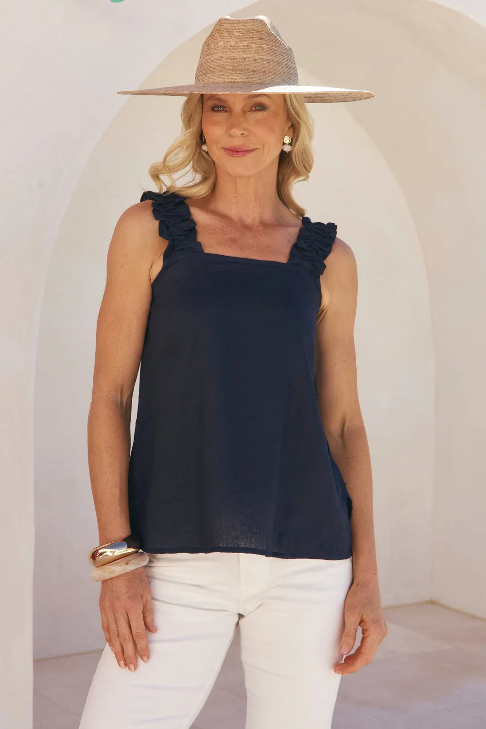 suitable for hobbyists Multi Panel Claire Linen Summer Top in Navy