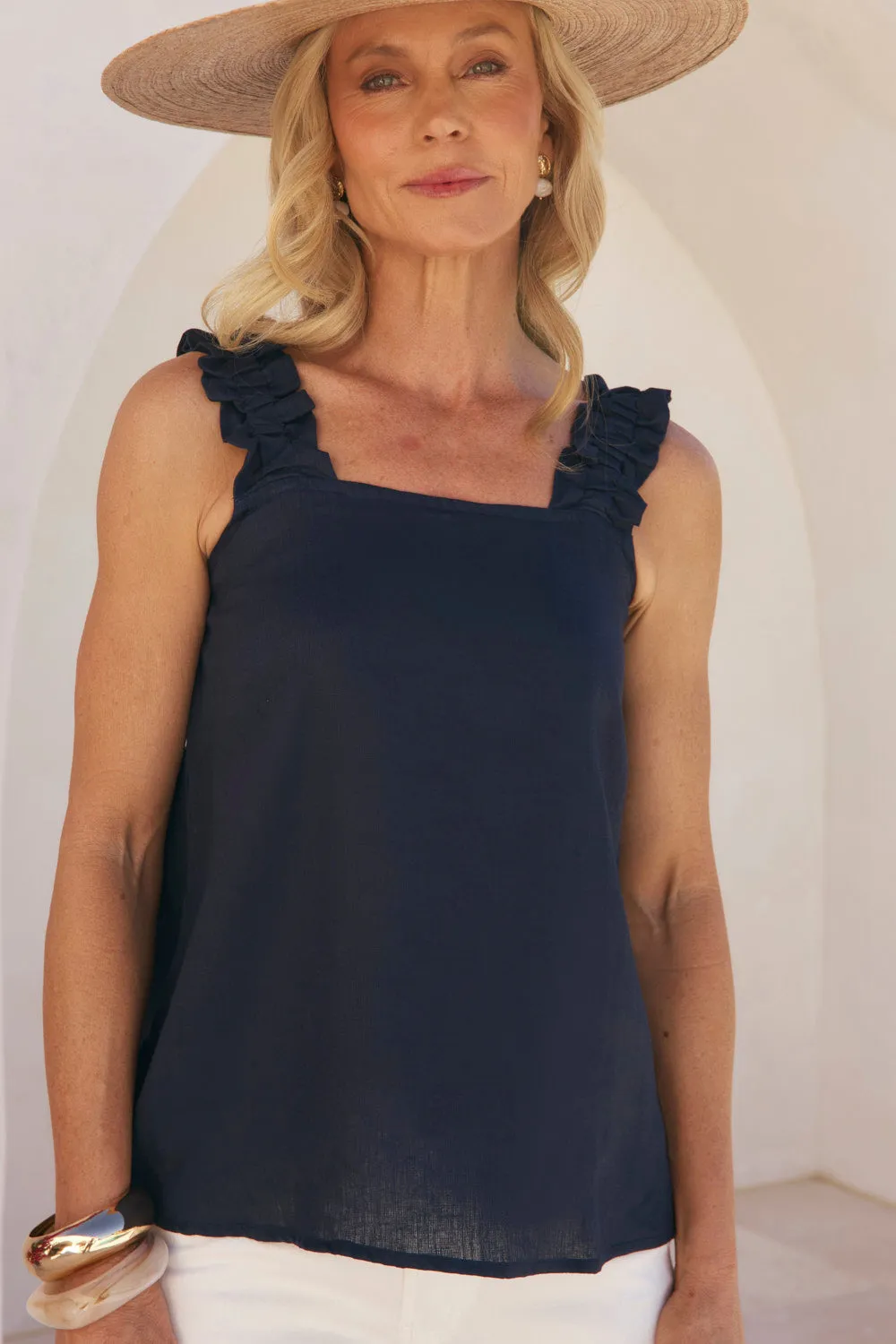 Claire Linen Summer Top in Navy Crew - friendly