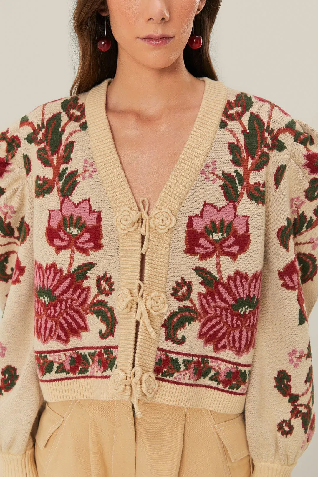 Breathable mesh panel Chunky Cable Pattern Off-White Ravenala Knit Cardigan