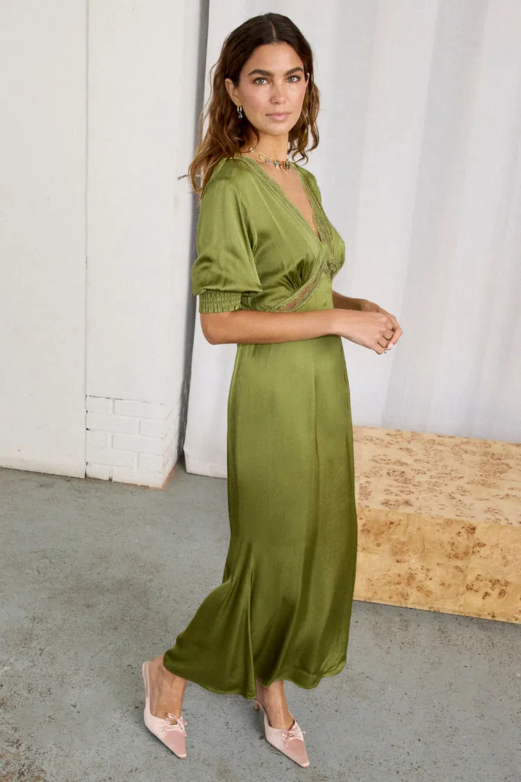 Olive Lace May Dress Wide Hemline Flattering Waistband