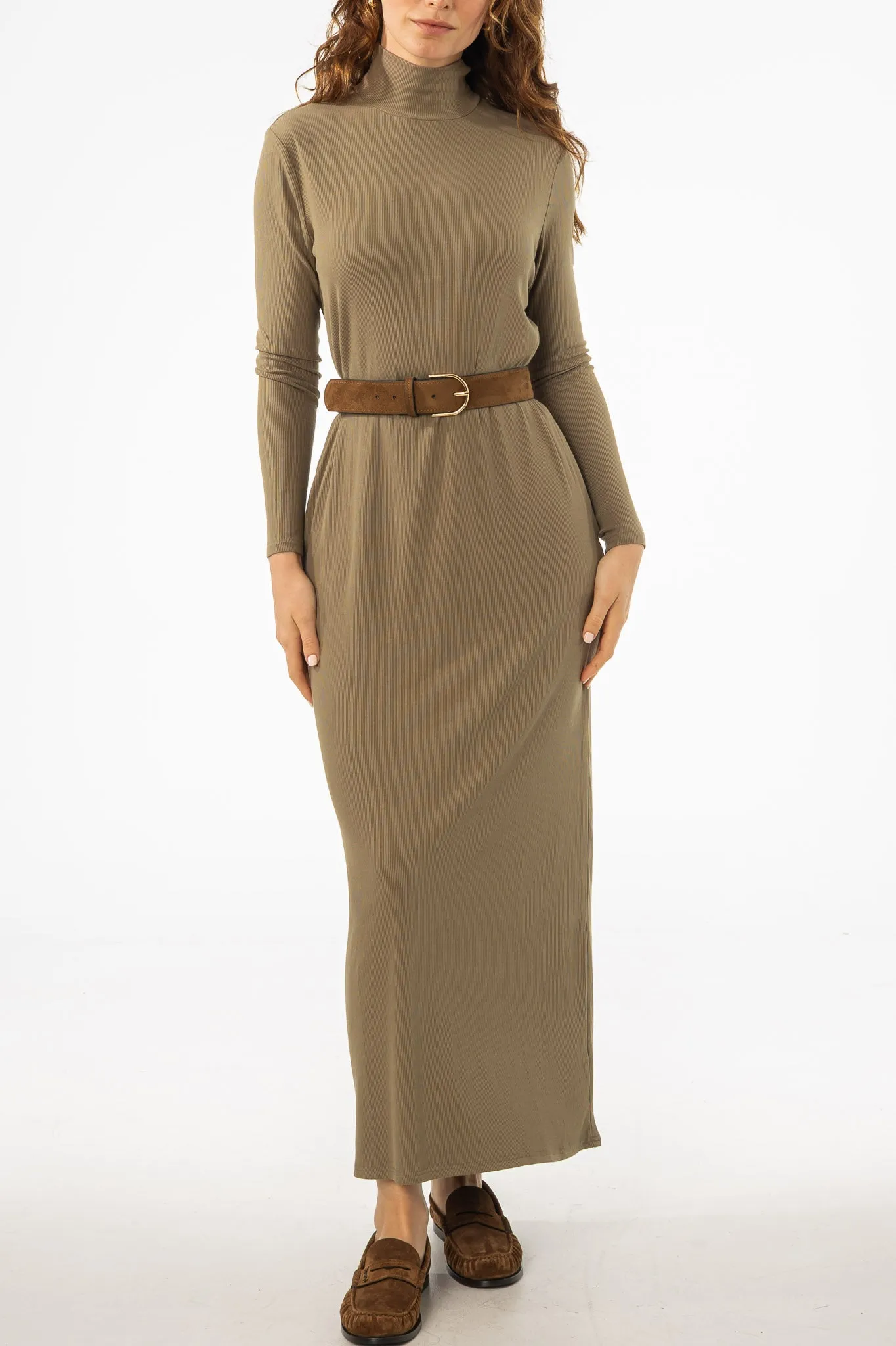 Smart Fit Olive Turtleneck Basic Maxi Dress
