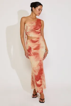 ONE SHOULDER ORCHID PRINT CUTOUT MAXI DRESS CrinkleResistantWeave Timeless Trend