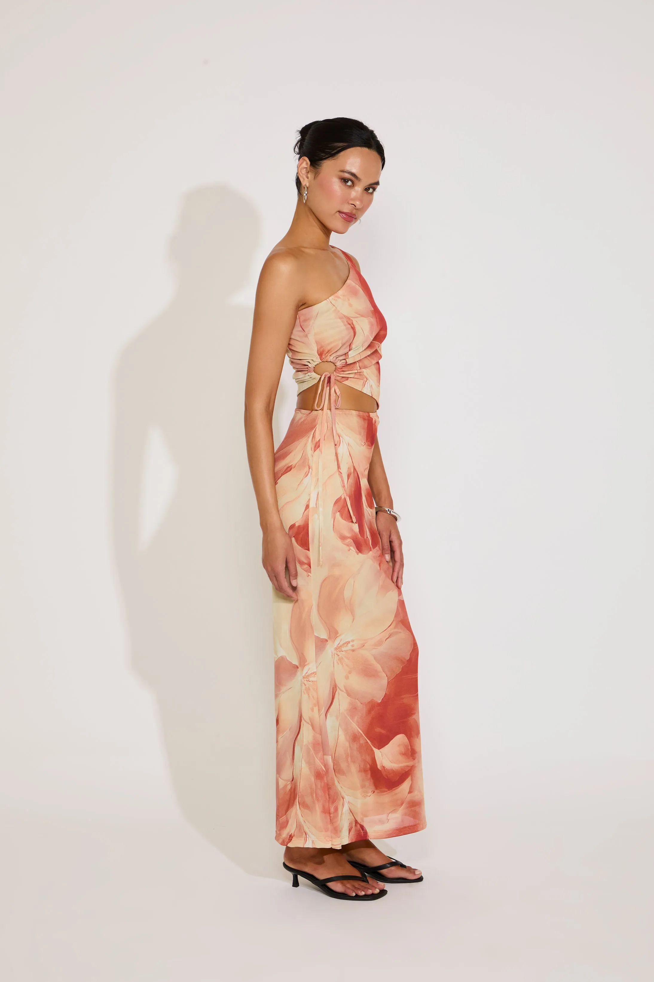 Farm Scene Sheer Layer ONE SHOULDER ORCHID PRINT CUTOUT MAXI DRESS