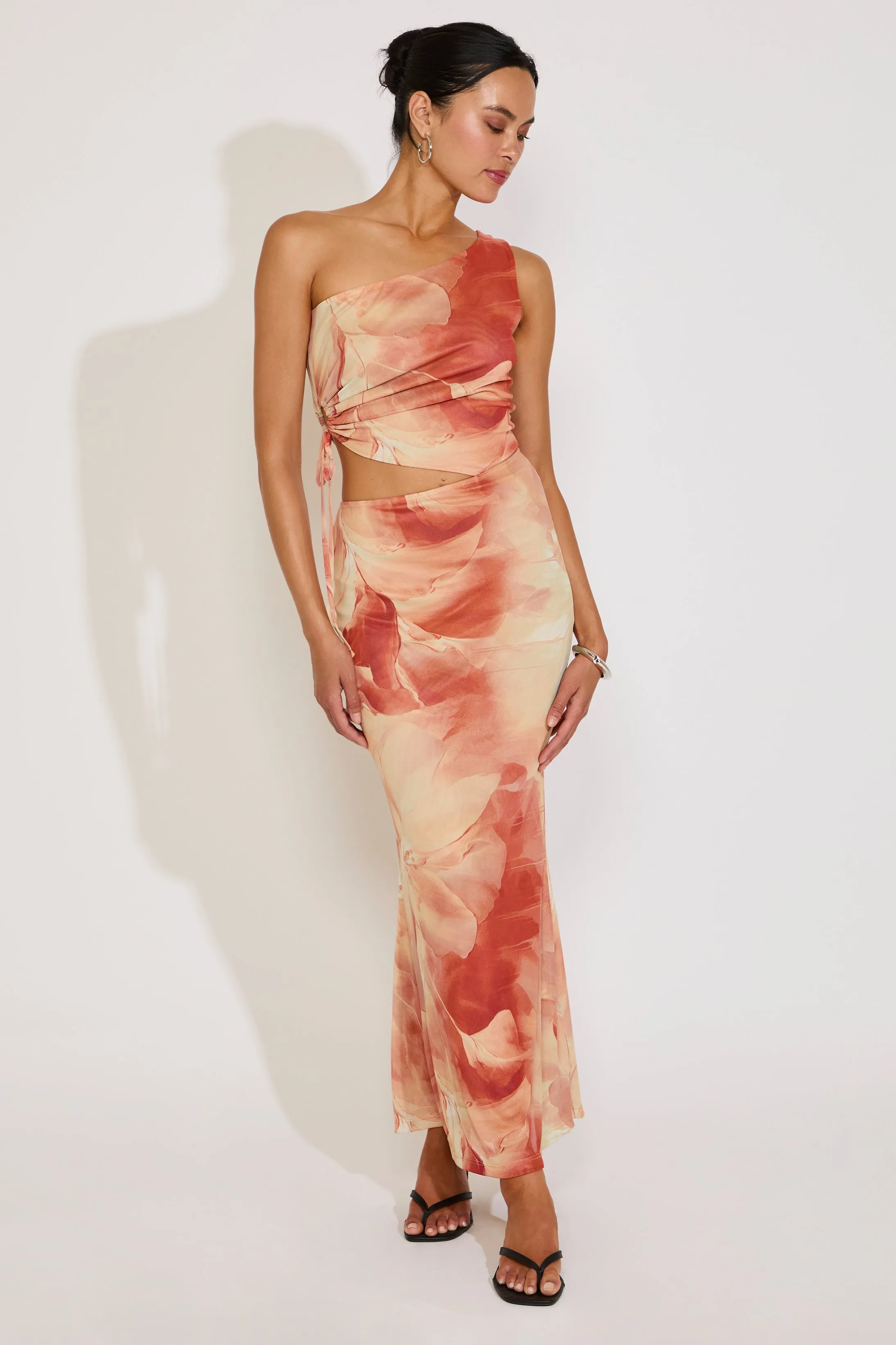 ONE SHOULDER ORCHID PRINT CUTOUT MAXI DRESS CrinkleResistantWeave Timeless Trend