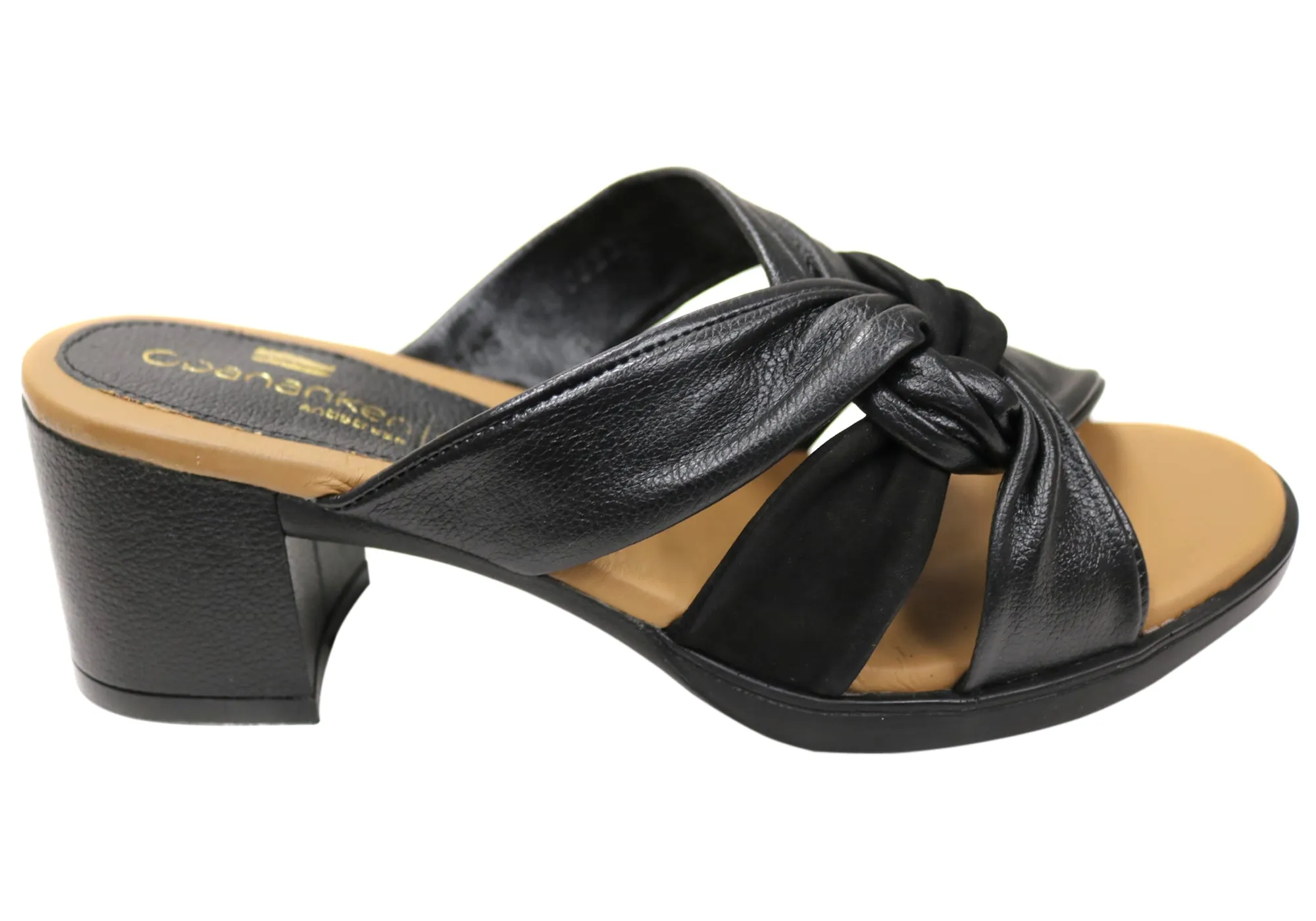 Opananken Navi Womens Comfortable Leather Mid Heel Slides Sandals Evening Sandals