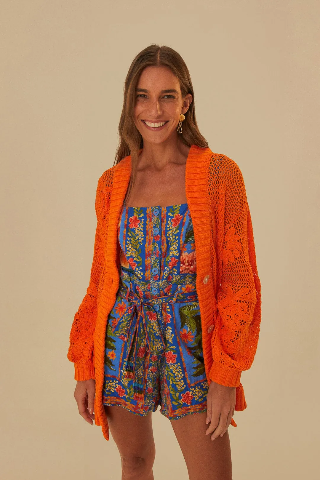 Orange Embroidered Knit Cardigan Ribbed Collar Design