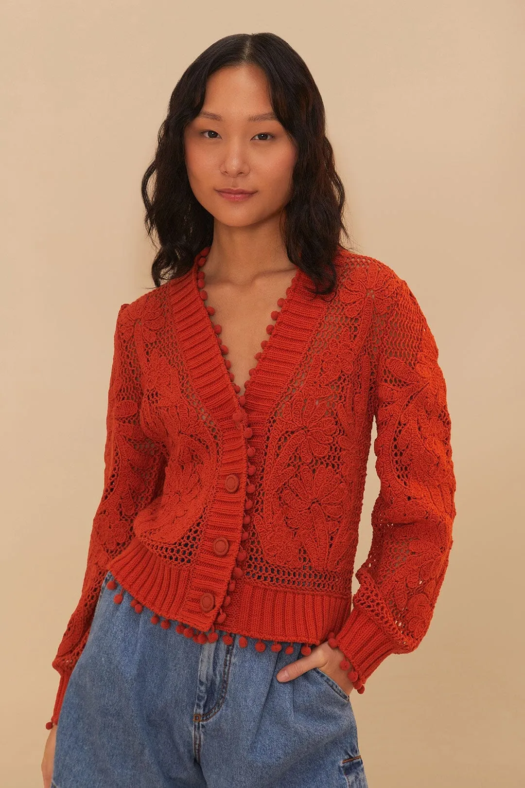 Orange Floral Knit Cardigan Lightweight insulation
