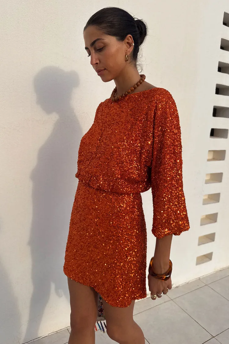 Smart and Chic Trendy Everyday Orange Sequin Tilly Dress