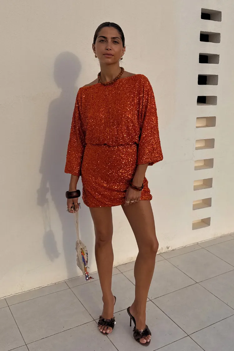 Flower Soft Lounge Outfit Orange Sequin Tilly Dress