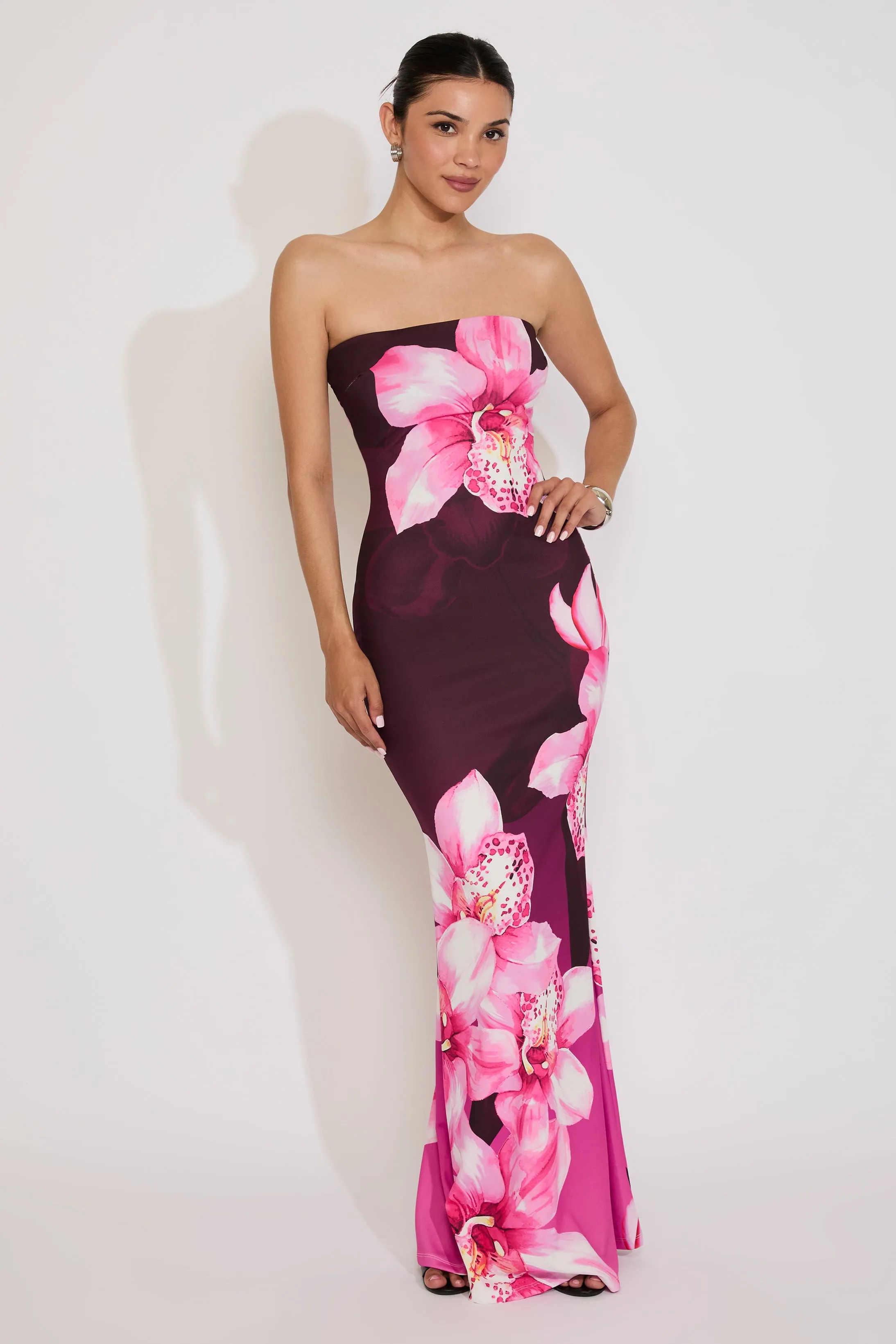 Romantic-Style ORCHID PRINT TUBE MAXI DRESS