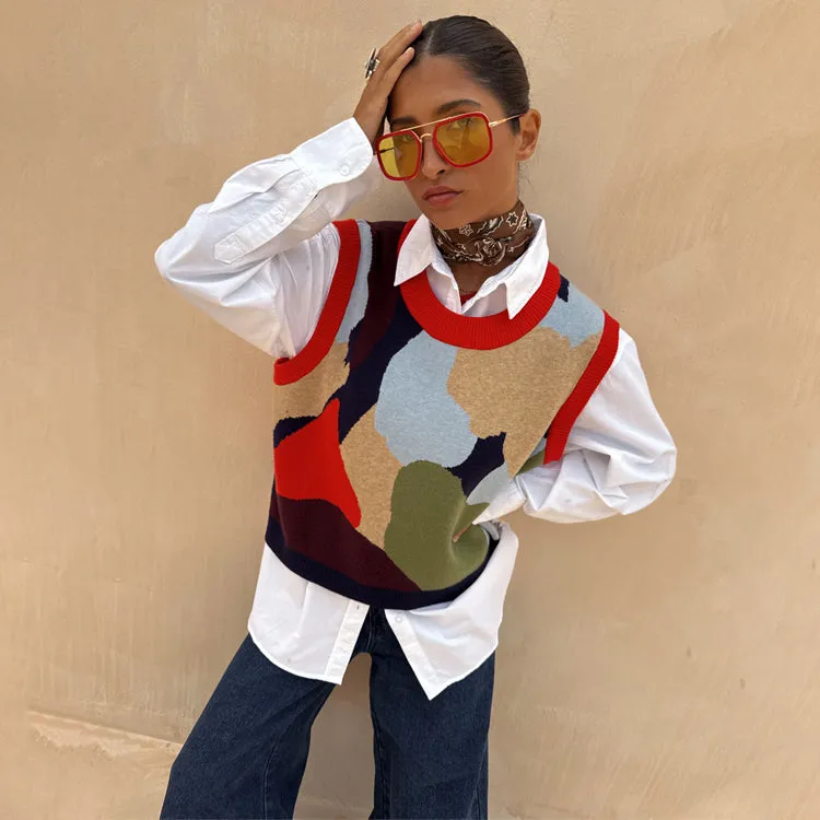 Urban Fashion Effortless Style Navy Abstract Knit Tank