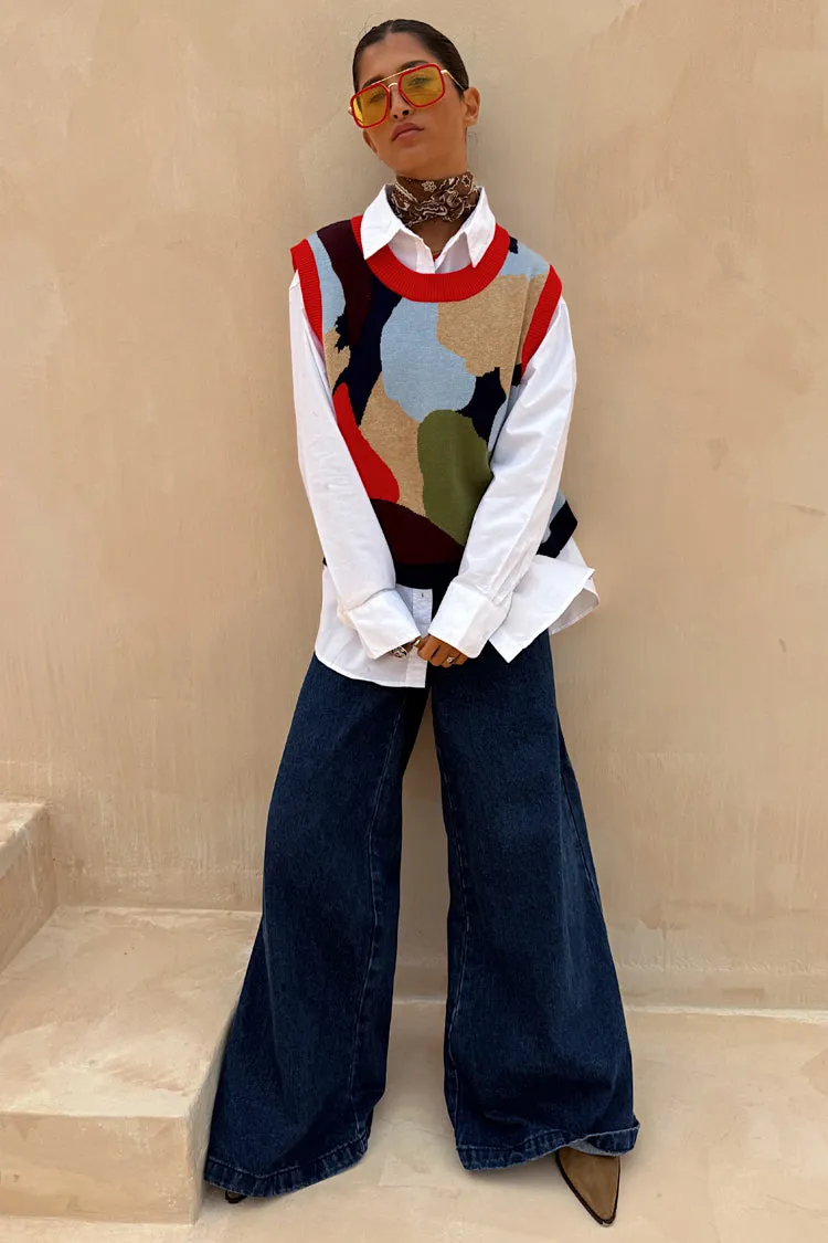 Navy Abstract Knit Tank Slub Texture