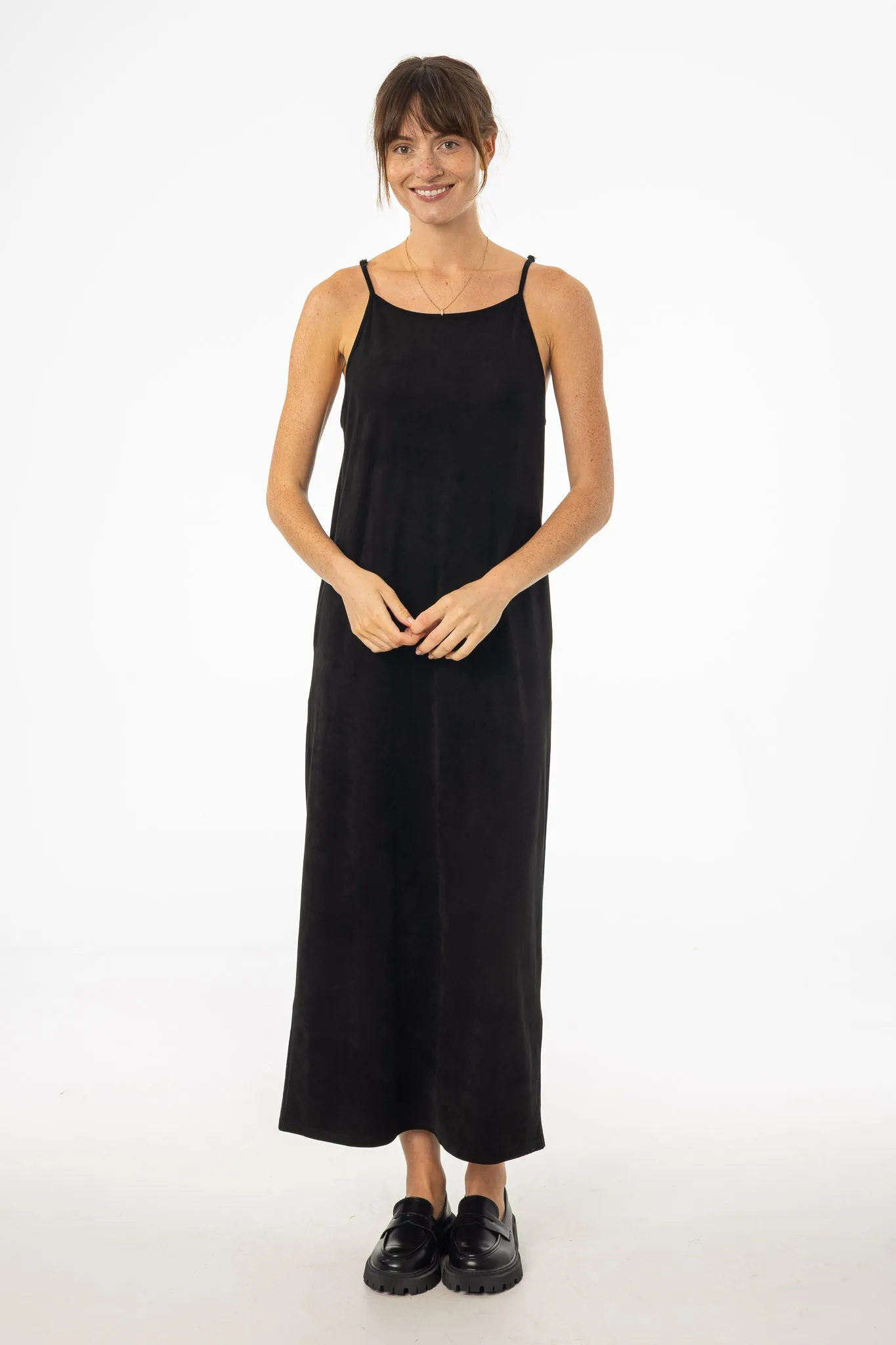 Timeless elegance Contrast-Lining Black Microsuede Maxi Jumper