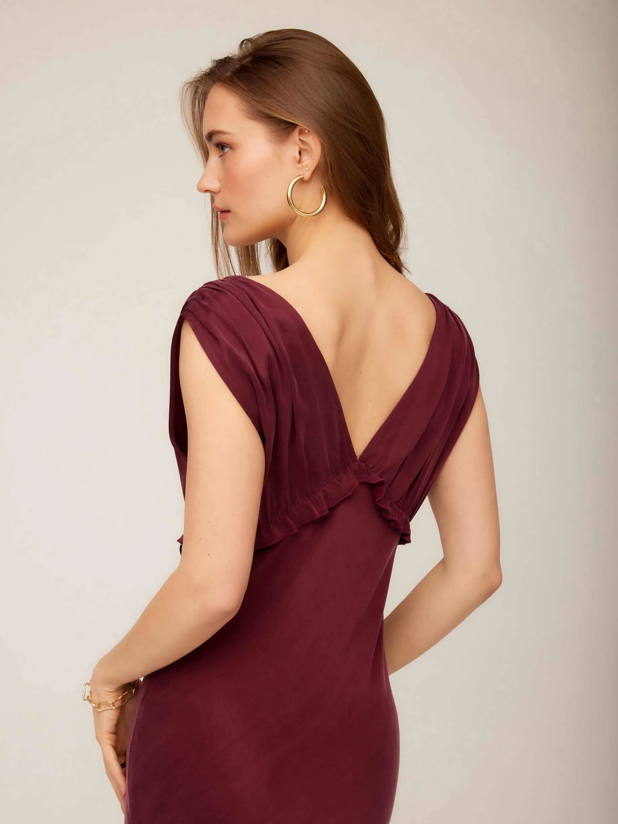 Cierra Ruffle Detail Midi Dress Form Fitting Retro Detail