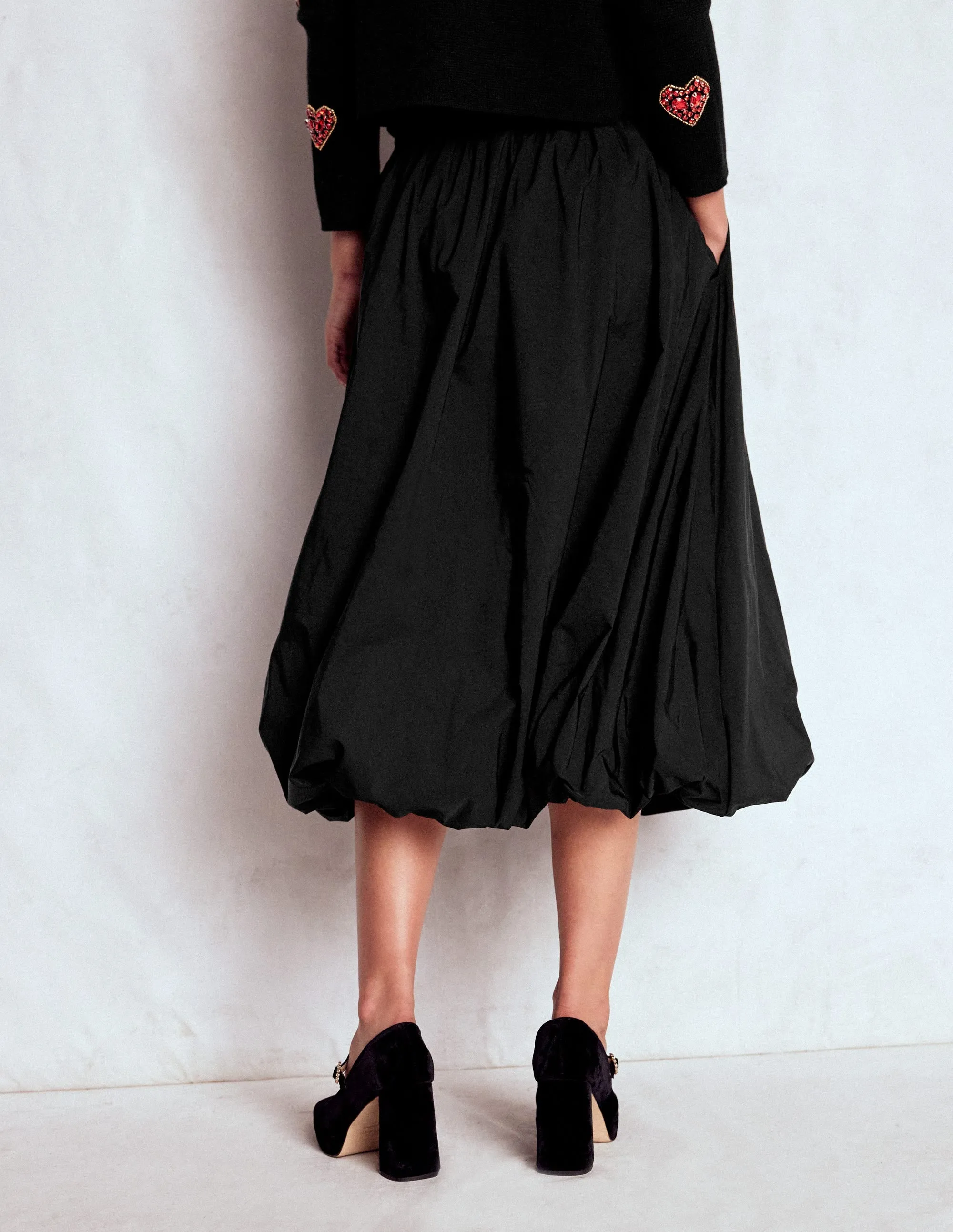 Slip Resistant Waist Bubble Hem Midi Skirt-Black