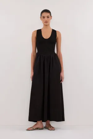 Korean Trend Balanced Tones FLORENCE BLACK SLEEVELESS COTTON MIDI DRESS