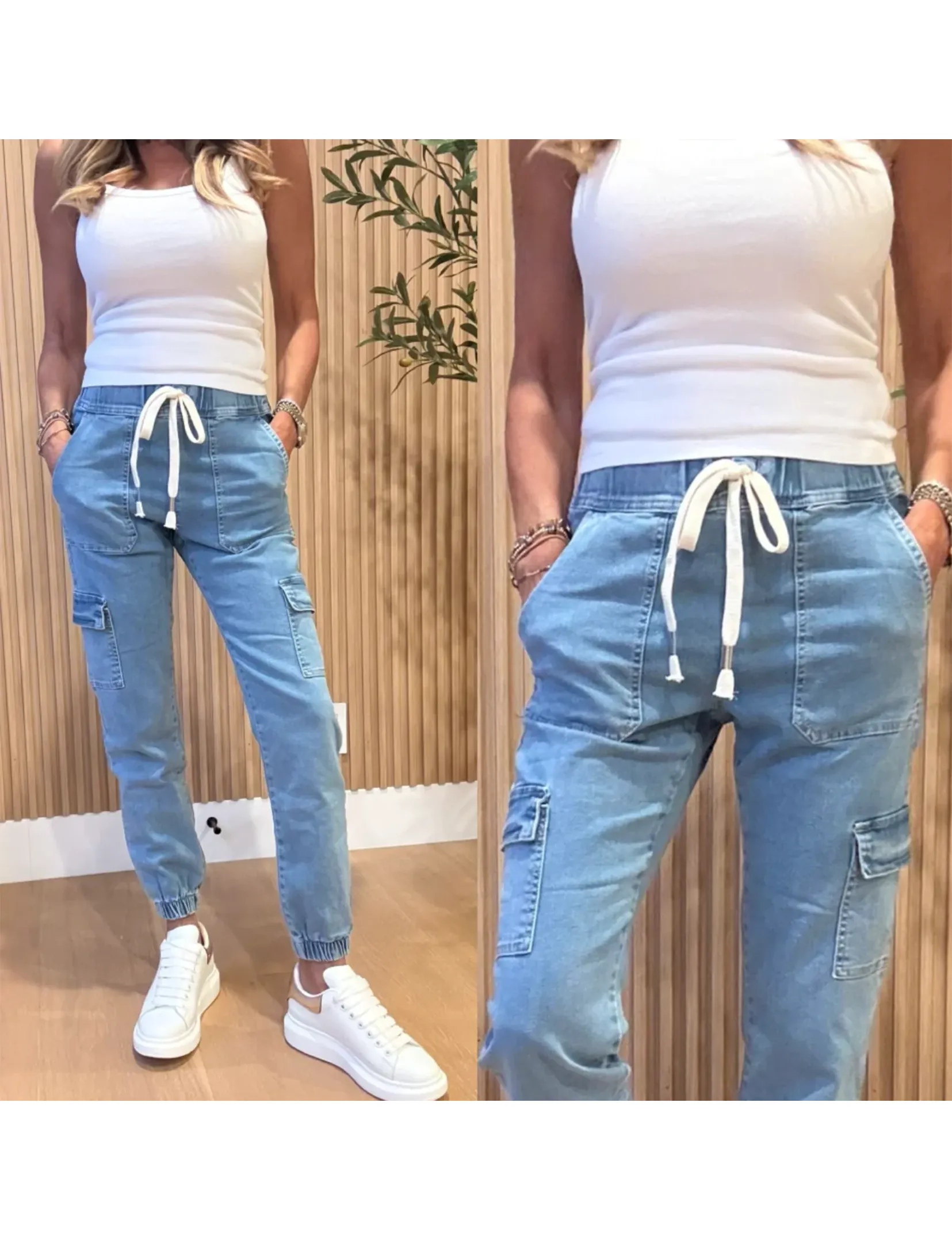 Flexible Waistband Gaya Cargo Jogger, w/ Linen Tie, Light Denim